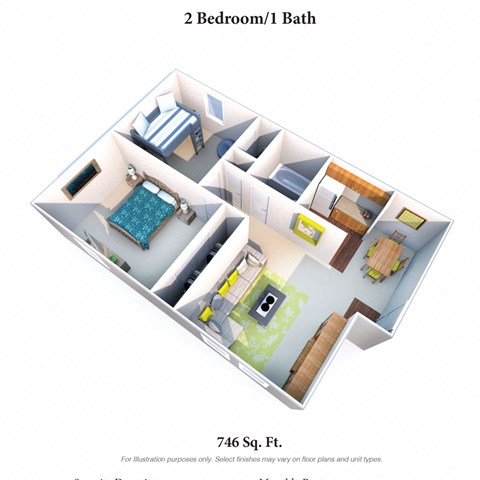Floor plan for 2 beds, 1 bath, 746 sqft